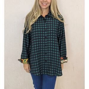 SHANA Floral Printed Back Button Down Tunic Shirt Green Black Plaid Womens Sz L